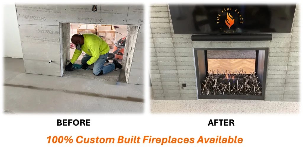 custom-built fireplace remodel by the fire place - before and after pictures - gas fireplace with spikes and cannonballs over black fire glass