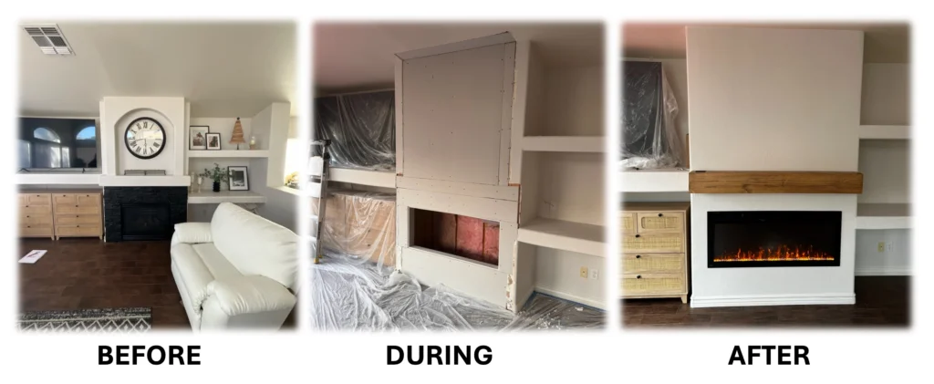 fireplace remodel before-during-after - a gas fireplace converted to an electric fireplace in a family room