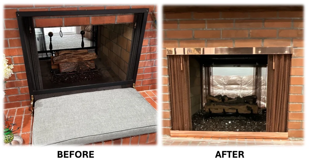 a fireplace remodel before and after photo of a red brick fireplace converted from wood to gas 