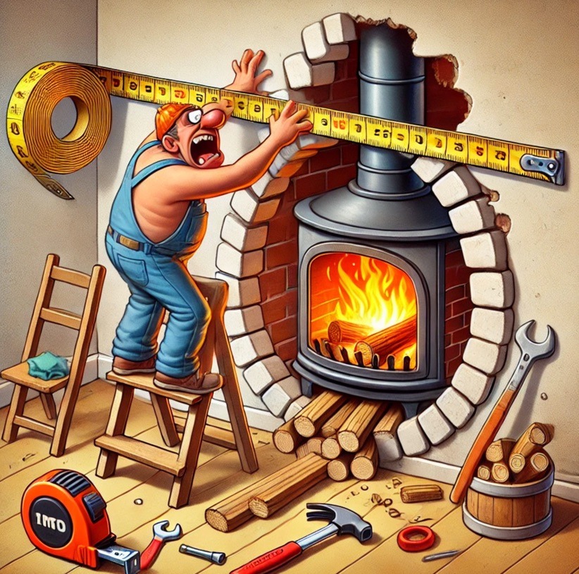 cartoon of a fireplace installer trying to install a wood burning stove in a round hole
